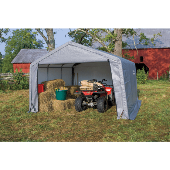 Shelterlogic 12×12×8 Peak Style Storage Shed, 1-3/8" Frame, Grey Cover