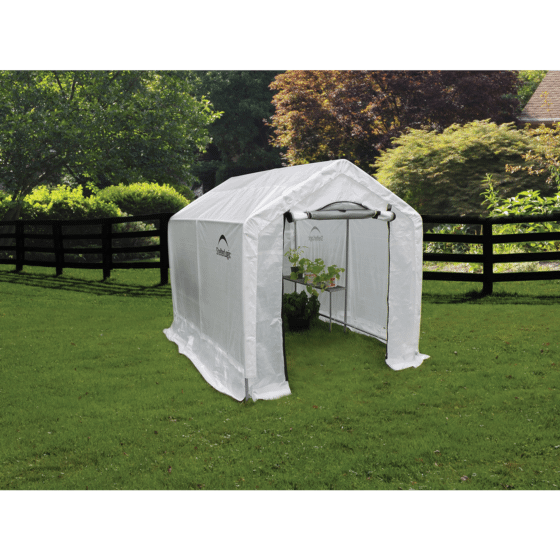 Shelterlogic 6x8x6'6" /1,8x2,4x2 m Peak Style Organic Growers Greenhouse with integrated shelving (1) Translucent PE Cover w/ Side Vents; (1) 2-Zipper Door w/ Vent; (1) Back Panel with Vent